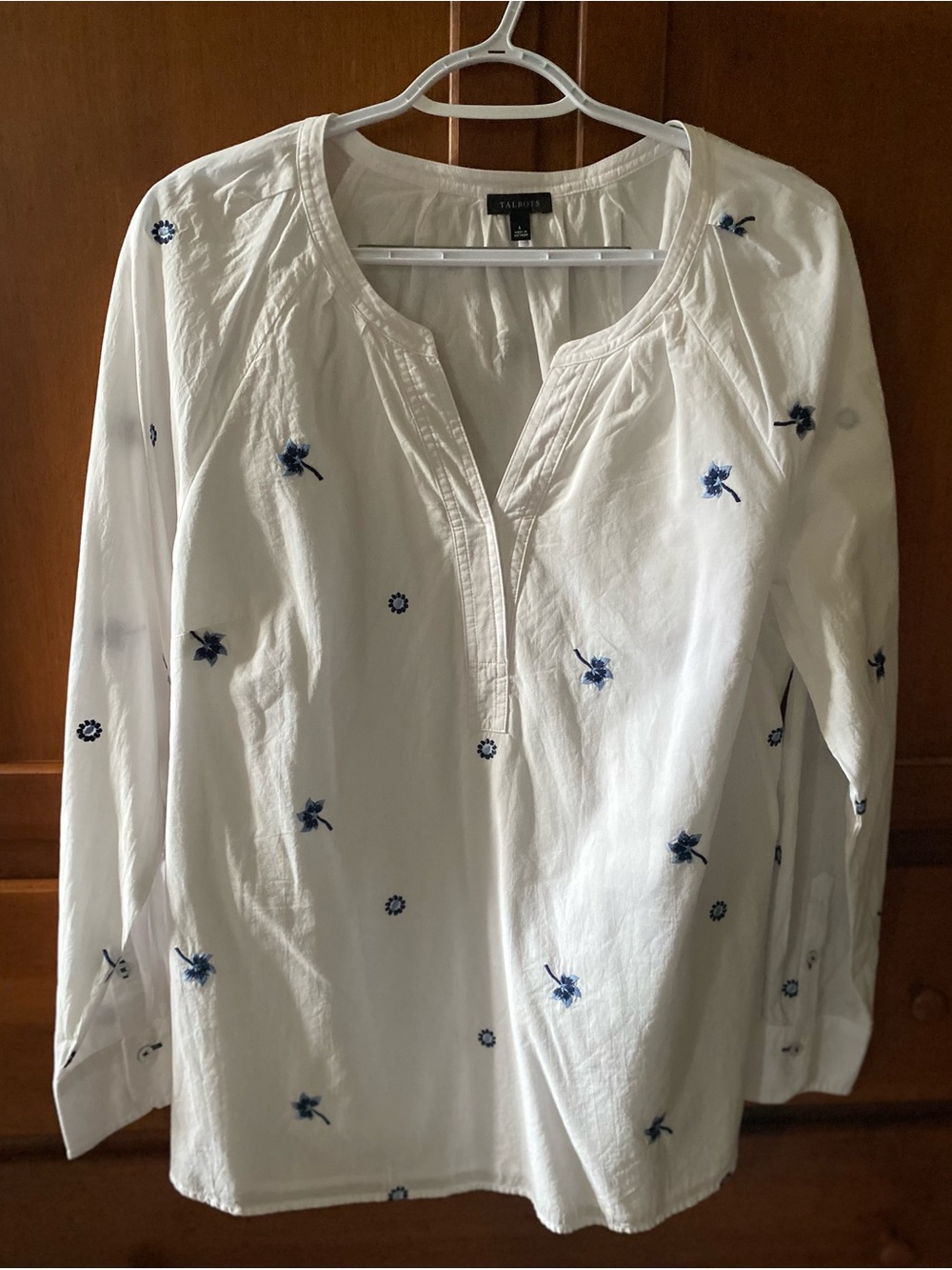 Talbots White Cotton Blouse with Blue Floral Embroidery